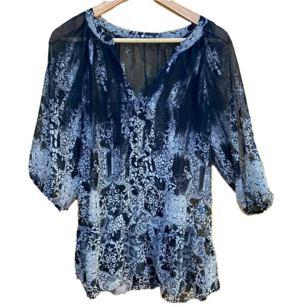 Lily White Sheer Black & White Floral Print Blouse M Made In USA